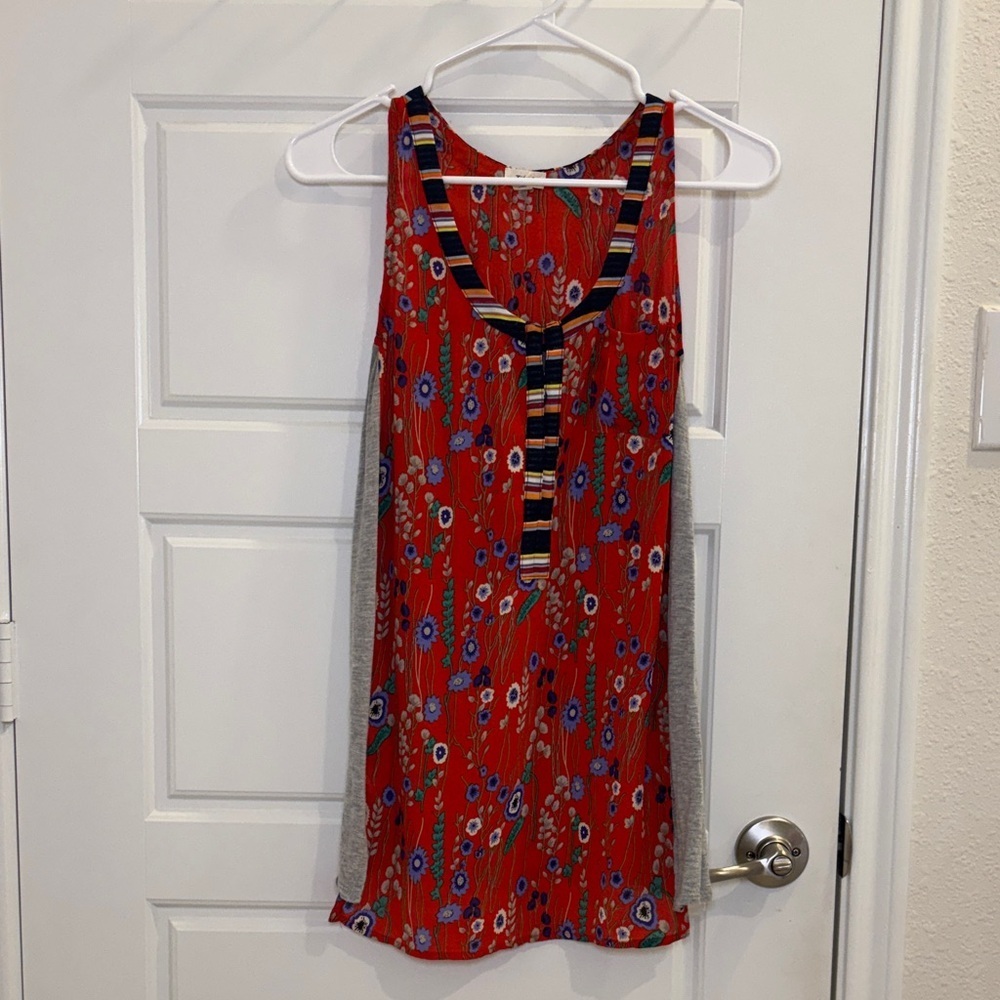Tiny Floral Mixed Media Tunic Blouse Sleeveless Top Size S